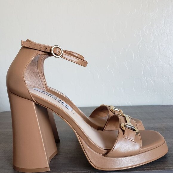 Steve Madden Cienna Horsebit Leather Chunky Heeled Sandals Tan Women's 7 Neutral - Picture 1 of 11